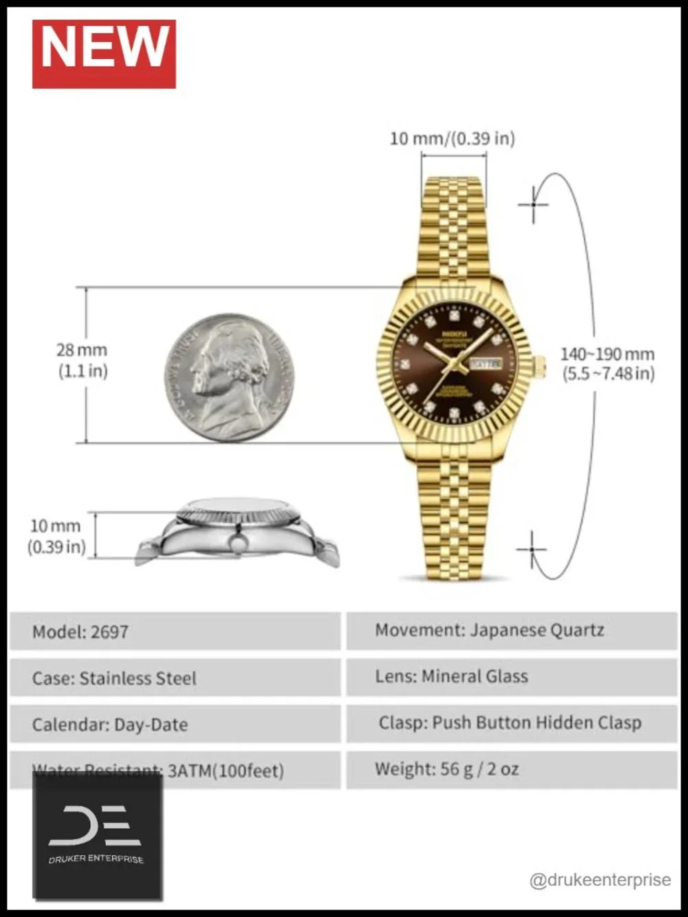 Stainless Steel Quartz Watch with Day-Date Display